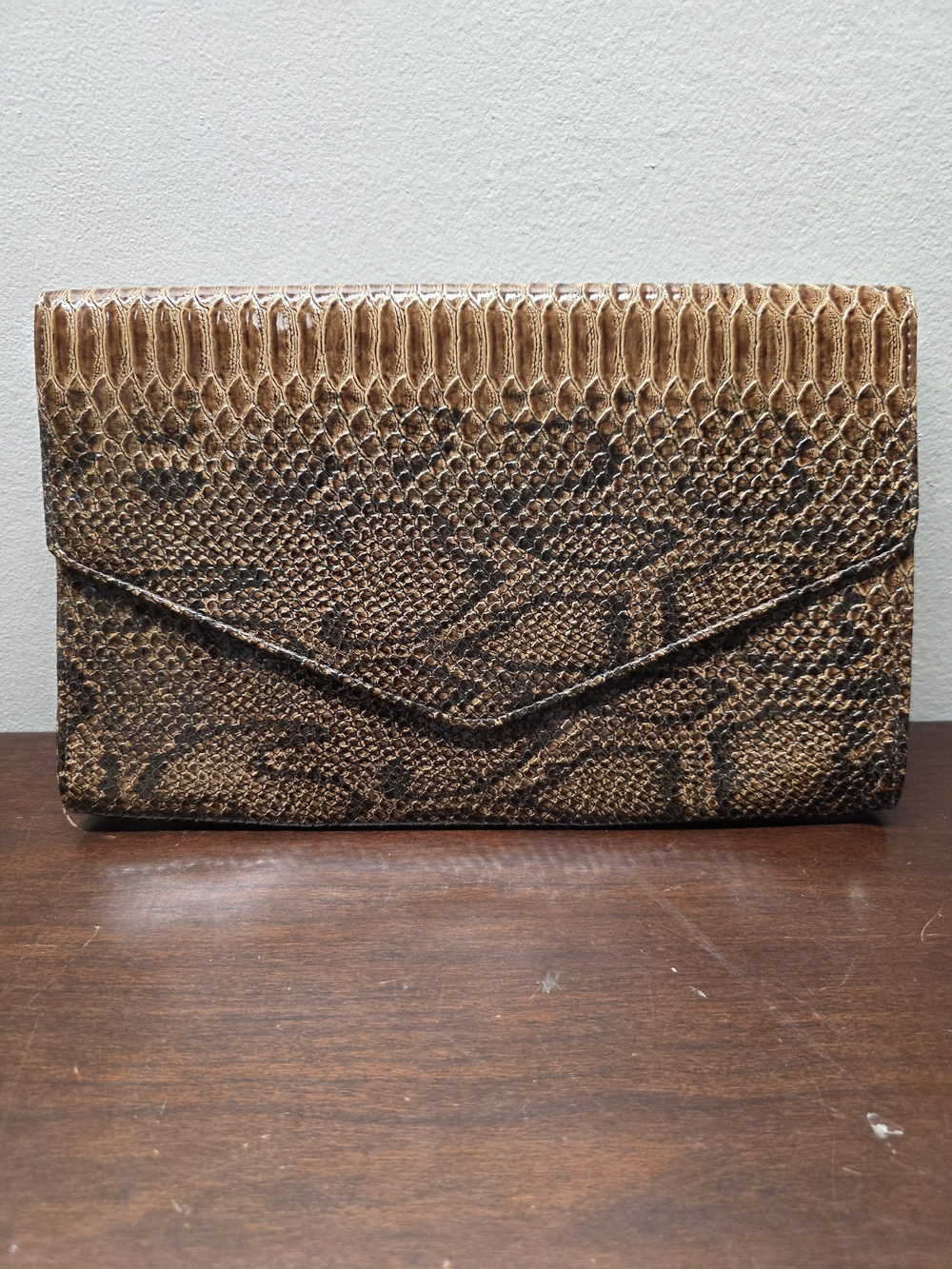 Python-Embossed Envelope Clutch in Tan